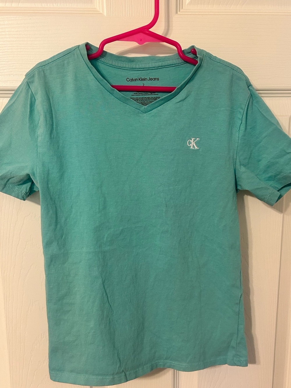 Boys, Calvin Klein Jeans, Teal V-Neck Logo Tee, Size 7